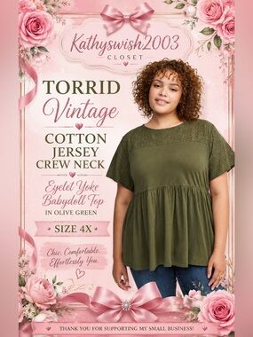 Torrid Vintage Cotton Jersey Crew Neck
Eyelet Yoke Babydoll Top in Olive Green